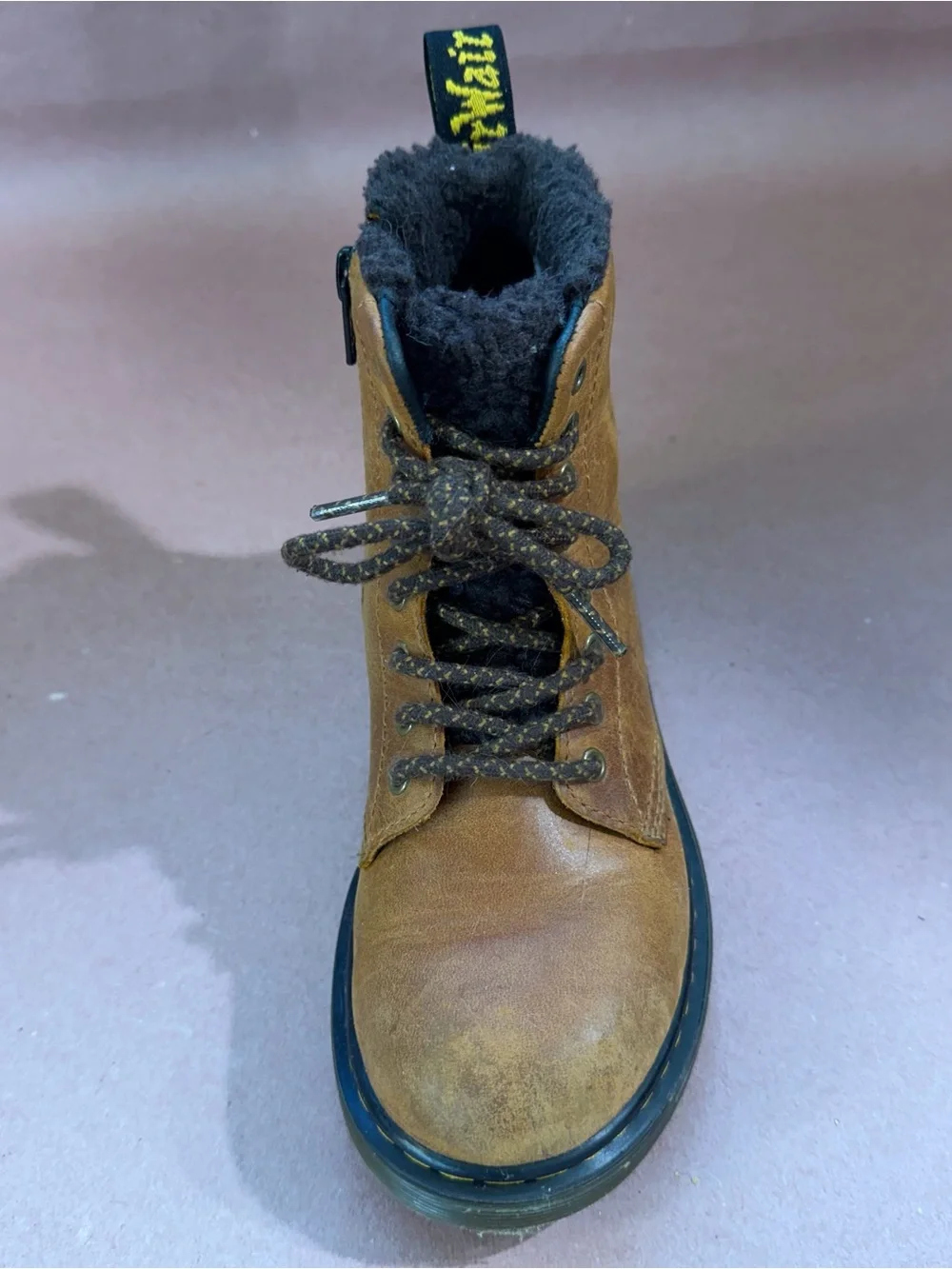 Dr. Martens 1460 Serena Brown Leather Lace-Up Faux Fur-Lined Boots Kids Size 1